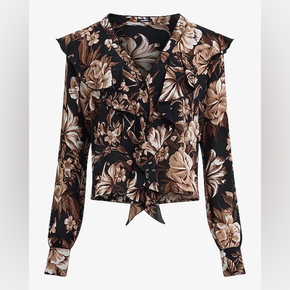 Floral Black and Brown Women's Ruffle Blouse Front Long Sleeve Top Express Small